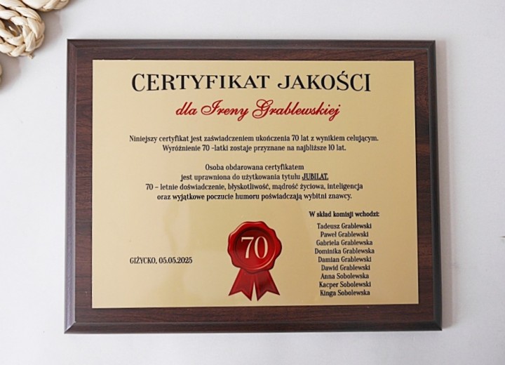 PREZENT na URODZINY 18 20 30 40 50 60 70 80 90 CERTYFIKAT DYPLOM RAMKA